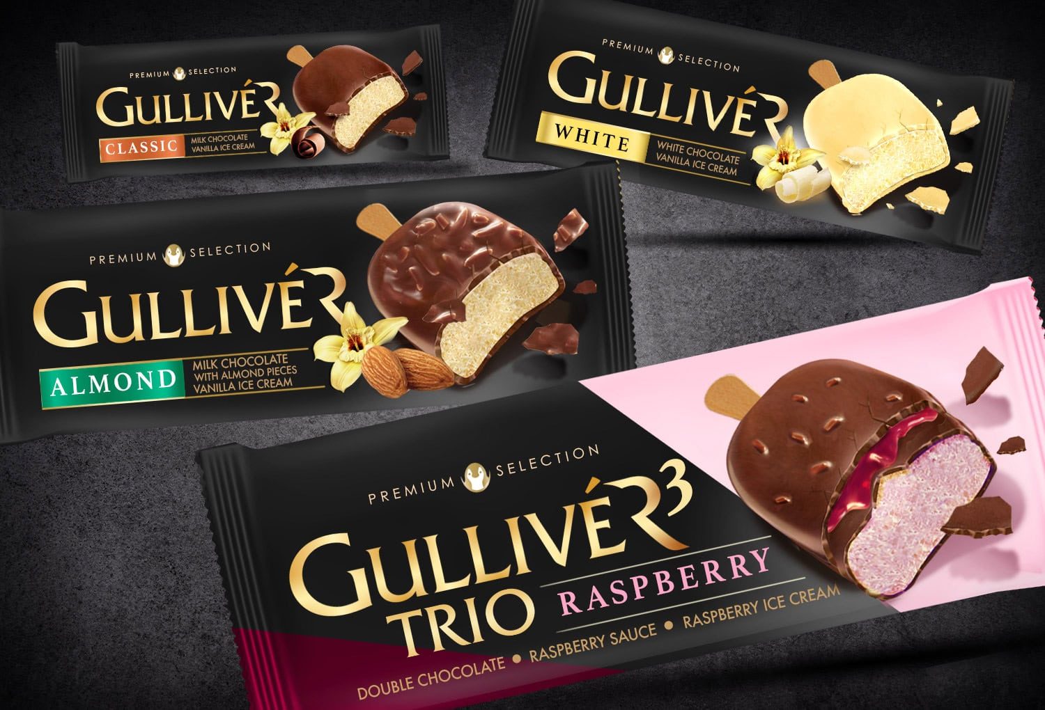 Opakowania lodów Gulliver: Classic, White, Almond, Trio Raspberry