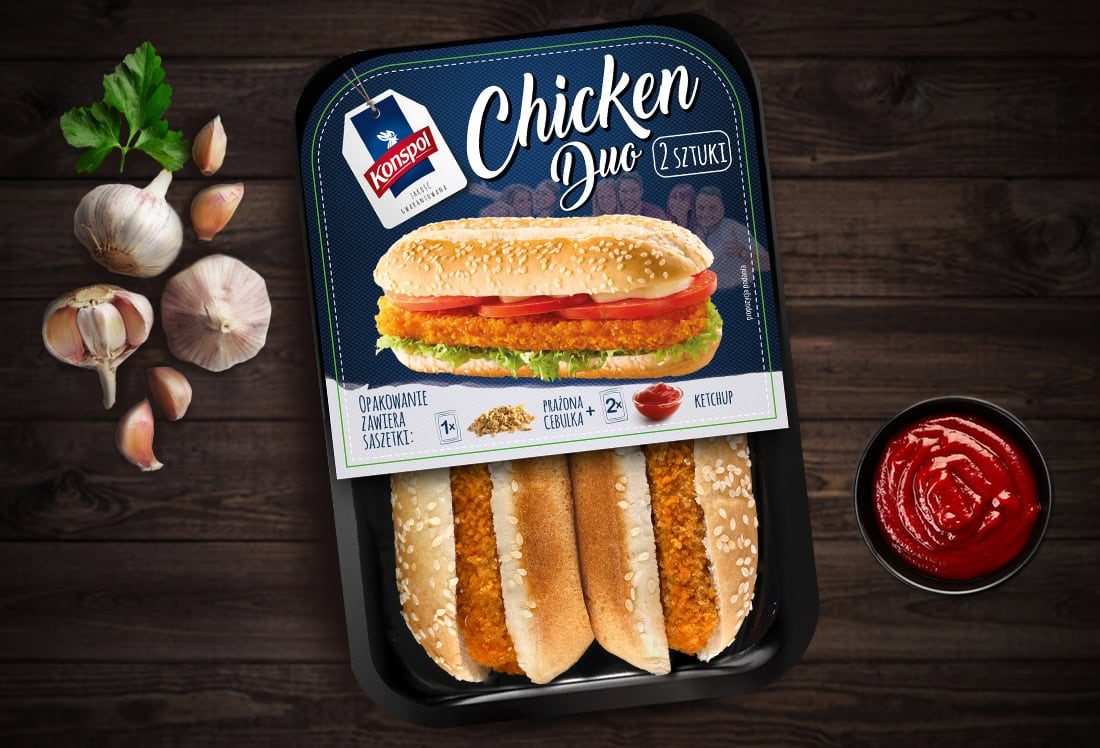 Projekt opakowania: Konspol Chicken Duo — burger