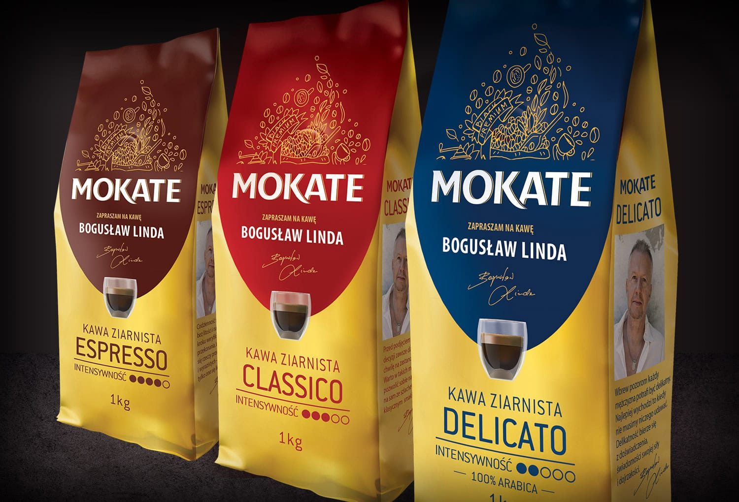 Opakowania kaw ziarnistych Mokate: Espresso, Classico, Delicato